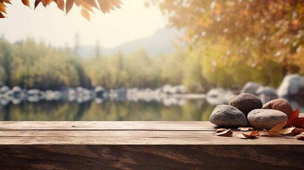 Photo stone table with autumn backdrop stock photo of wooden table with autumn river background with leav