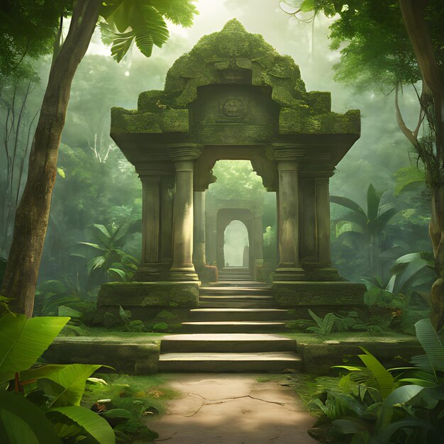 Photo a stone temple with a stone arch and a green plant in the background