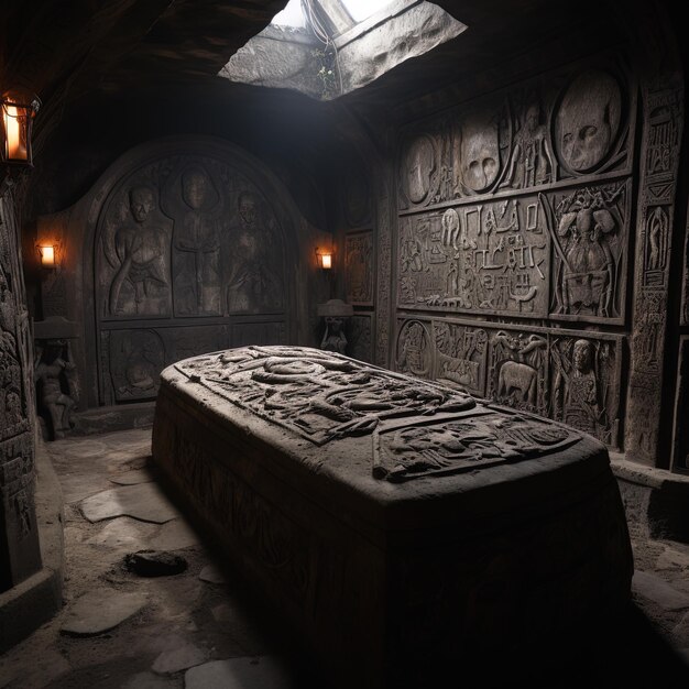 a stone tomb with a large stone carving of a man in a cave