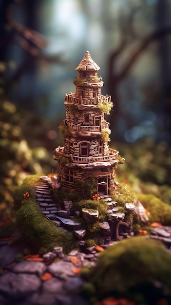 a stone tower in the forest in the style of photorealistic