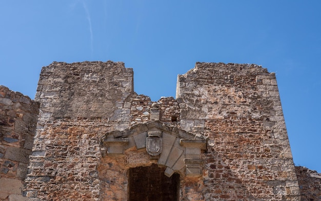 Stone tower of the old castle in the ancient town of Castelo Rodrigo in Portugal