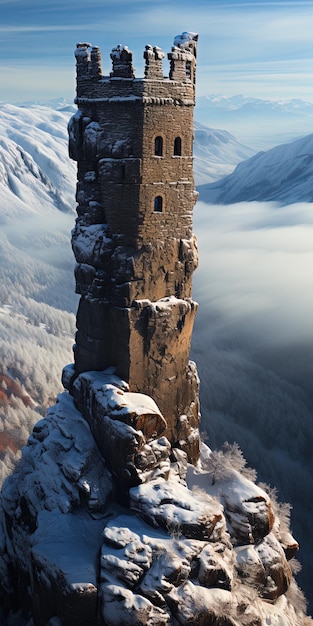 a stone tower with snow on the top of it