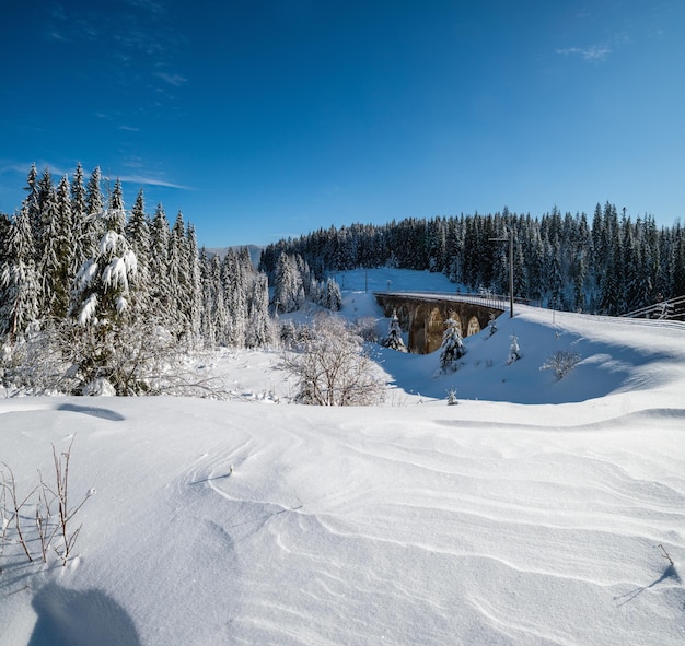 Stone viaduct arch bridge on railway through mountain snowy fir forest Snow drifts on wayside and hoarfrost on trees and electric line wires