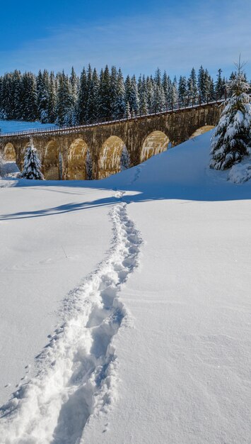 Stone viaduct arch bridge on railway through mountain snowy fir forest Snow drifts on wayside and hoarfrost on trees and electric line wires