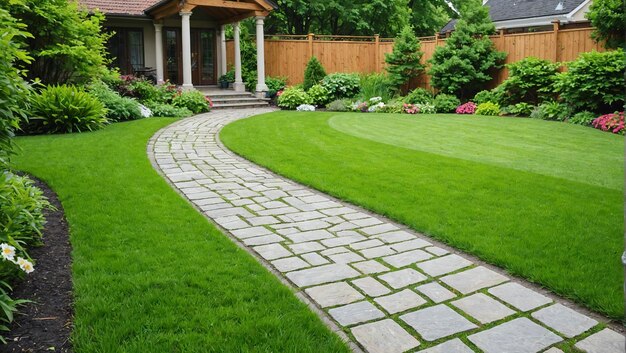 stone walkway and green grass in garden