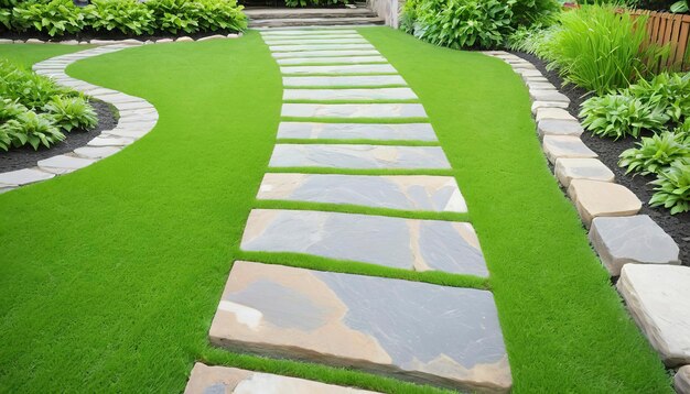 stone walkway and green grass in garden