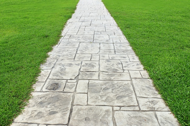 Stone walkway green grass.