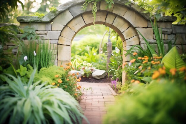 Foto arco di parete in pietra in un giardino lussureggiante