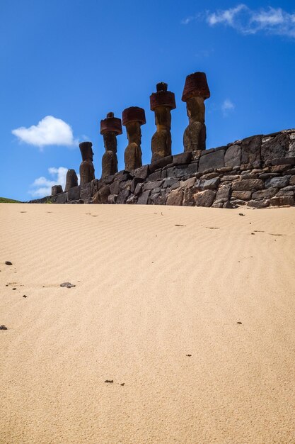 Stone wall on desert land against blue sky