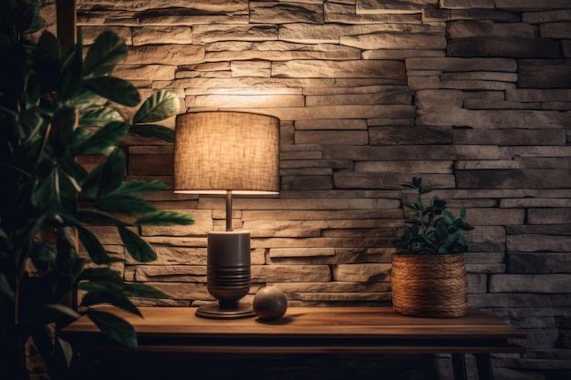 A stone wall and a lamp in the nighttime interior with a wooden shelf