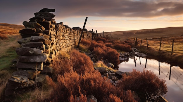 Stone wall and stream a serene morning on the english moors