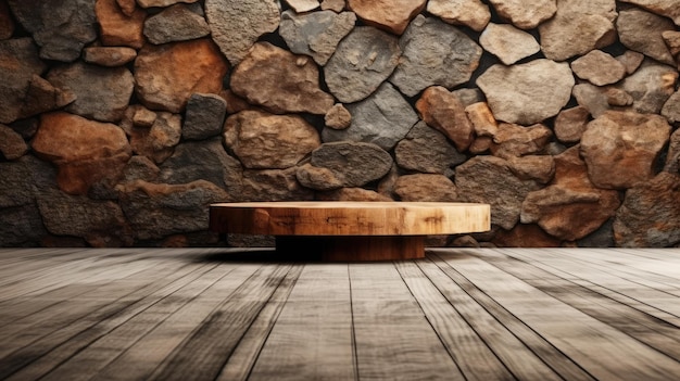 A stone wall behind a table with a round table in front of it