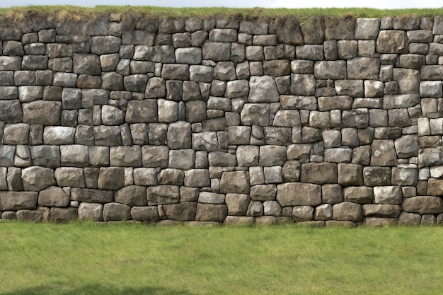 언덕의 가장자리에 잔디와 녹색 잔디가 있는 돌 벽