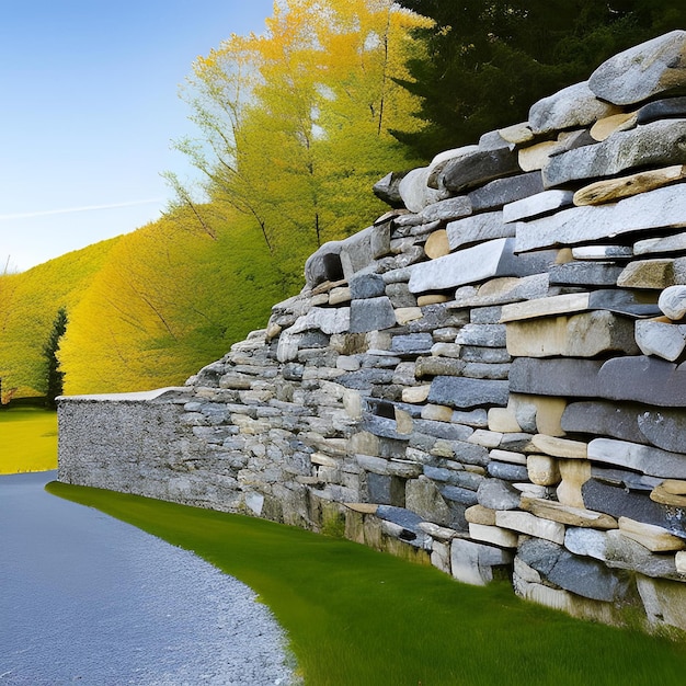 A stone wall with a green field in the background