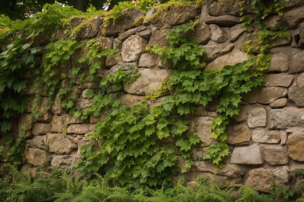 Stone wall with ivy growing on it creating a natural and peaceful atmosphere