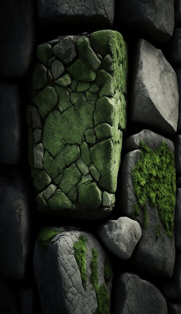 A stone wall with moss on it