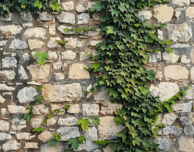 石の壁にぶどうの木が生えておりその上には緑のぶどうが生えている