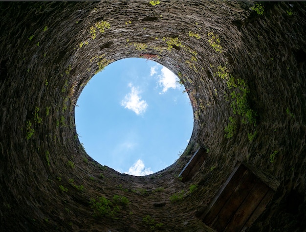 写真 レンガの壁と青空の背景の中から石の井戸の穴の古い構造が井戸のコンセプトに落ちる