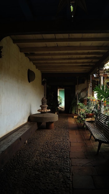 멕시코 라틴 아메리카의 오래된 집에 있는 화분과 식물 사이의 돌 바퀴
