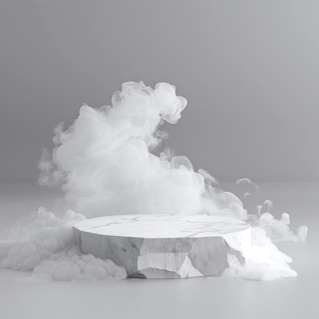 Stone white podium for product presentation in white smoke on a gray background