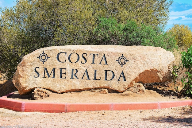 Stone with the name Costa Smeralda, Sardinia, Italy