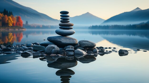 Photo stones balance on a lake in the mountains at sunset concept of harmony and balance