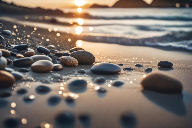 stones on the beach with the sun setting in the background