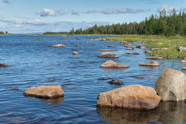 Stones on a blue lake against the background of a green forest, Sweden