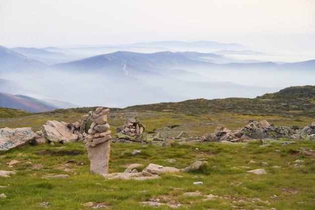 산에서 잔디에 돌