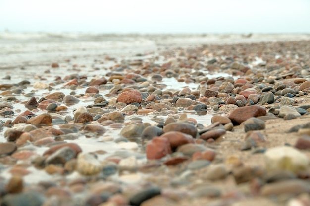 砂の上の海岸の石の上に石が美しく横たわっています