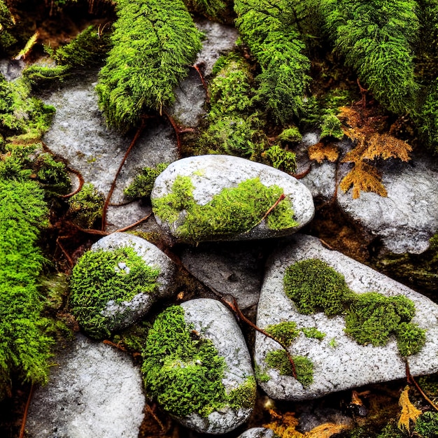 Stones and moss on forest ground top view