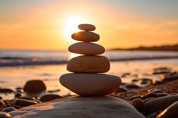 Stones on pebble beach at sunset