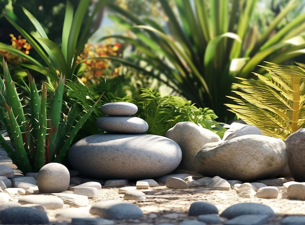 石と植物の自然な背景 イラスト AI 生成