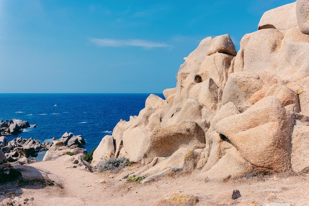 Stones and rocks at the Mediterranean sea in Capo Testa in Santa Teresa Gallura province on Sardinia island in Italy. Nature, mountains