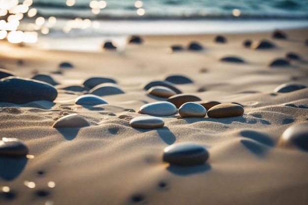 stones on the sand with the water in the background