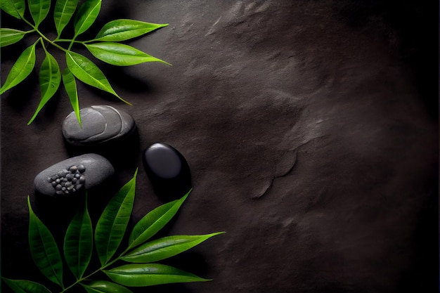 Stones for spa and green leaves on dark background AI Generated