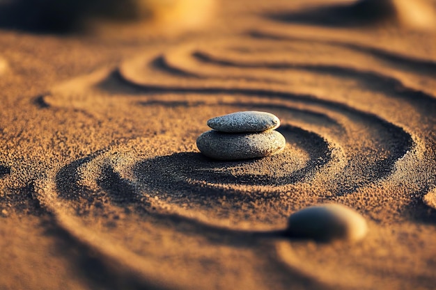 Stones stack on sand circles as meditation concept d render digital illustration