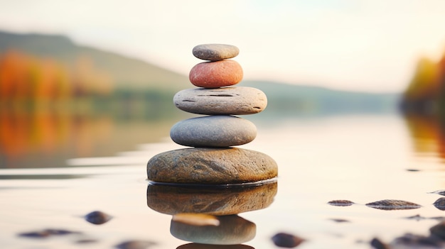 Stones stacked on the shore of a lake Zen concept