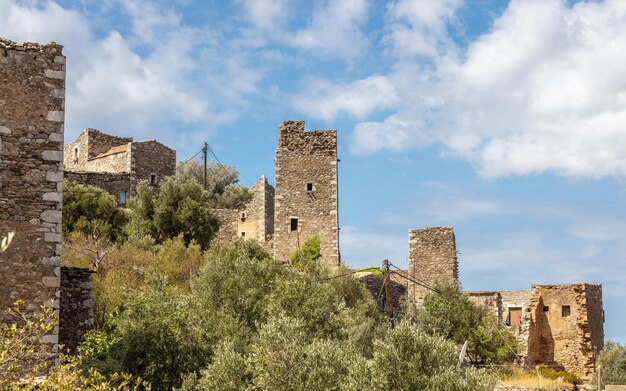 Stonewall tower houses at Vatheia Vathia village Mani peninsula Laconia Peloponnese Greece