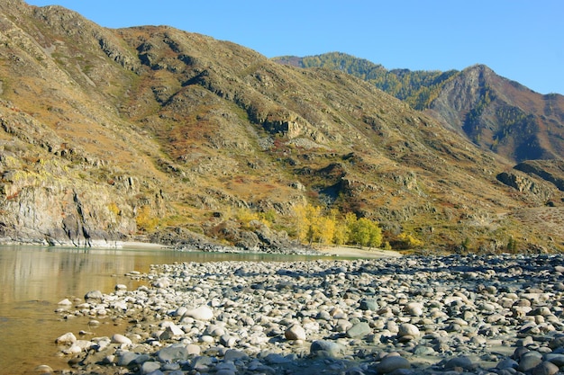 Foto riva del fiume pietrosa in montagna