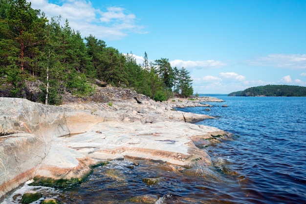 Stony shore of the island on lake