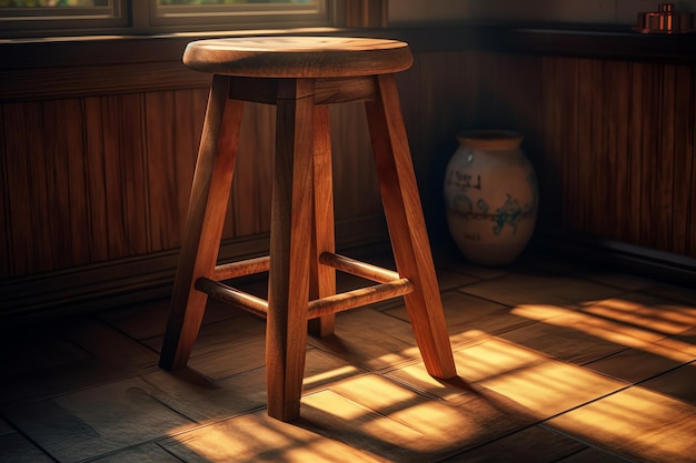 A stool in a dark room with a vase of flowers on the floor.