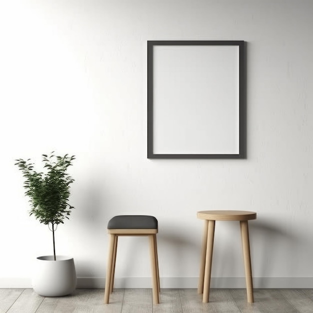 Stool Portrait Picture Frame Hanging On Blank Wall