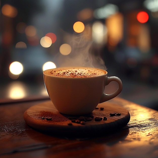 Stoom stijgt op van een hete cappuccino op een houten schotel voor sociale media