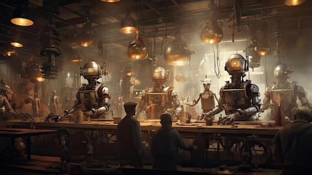 Foto stoomaangedreven robots die in een uurwerkfabriek werken