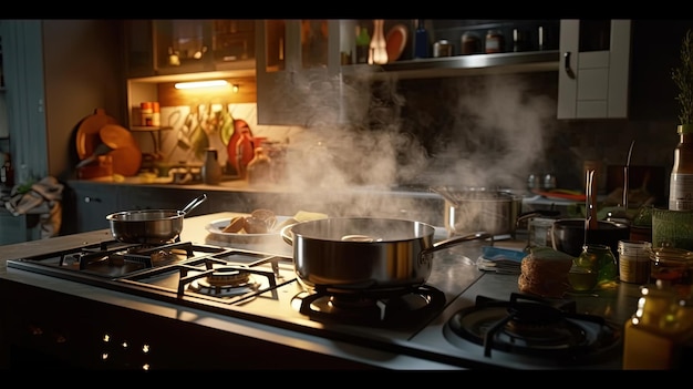 Stoomen en koken van water op een moderne verwarmingskachel in de keuken op de achtergrond van een open balkon Koken met stoom uit een roestvrij kookpot Generatieve AI