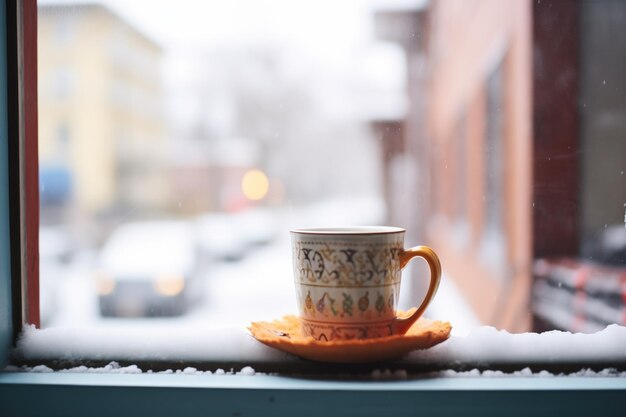 Foto stoomende cacaobeker op een besneeuwde vensterbank