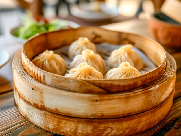 Foto stoomende dumplings in een bamboestomer op tafel xa