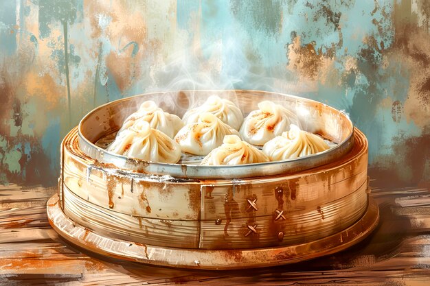 Stoomende dumplings in een bamboestomer op tafel xA