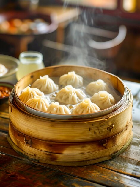 Stoomende dumplings in een bamboestomer op tafel xA